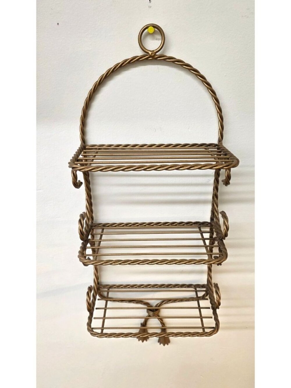 Vintage 3 Tier Twisted Rope Gold Tone Metal Wall Shelf Hollywood Regency Style